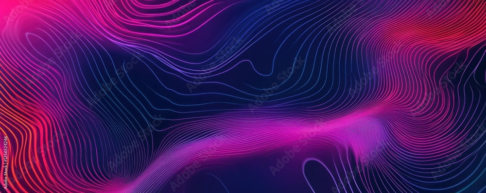 Poster vibrant abstract lines: dynamic pink and blue wave patterns against dark background