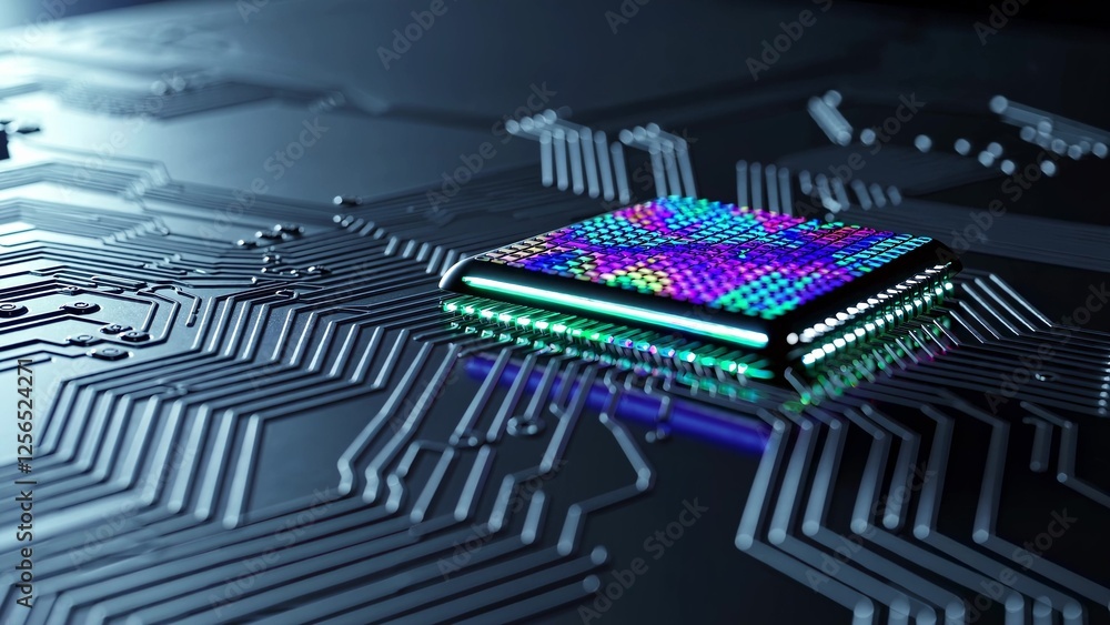 Poster advanced quantum processor computing complex data, revealing dynamic color changes across illuminate