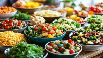 A vibrant buffet spread featuring a variety of colorful salads, pasta dishes, and vegetable sides. Perfect for showcasing healthy eating, catering, or restaurant food.