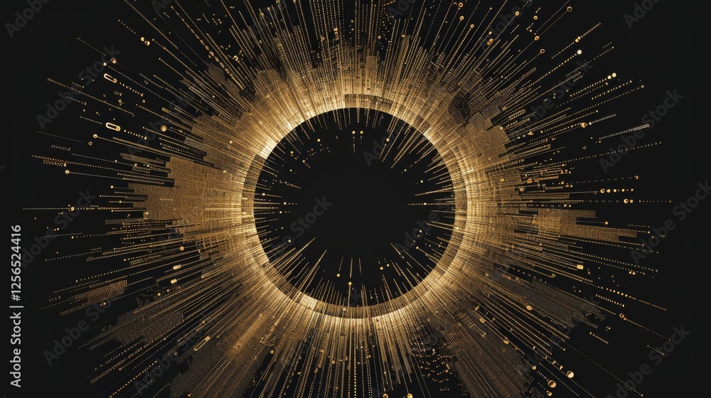 Aufkleber an intricate circular pattern in glowing gold with radiating lines and dots against a dark backgroun
