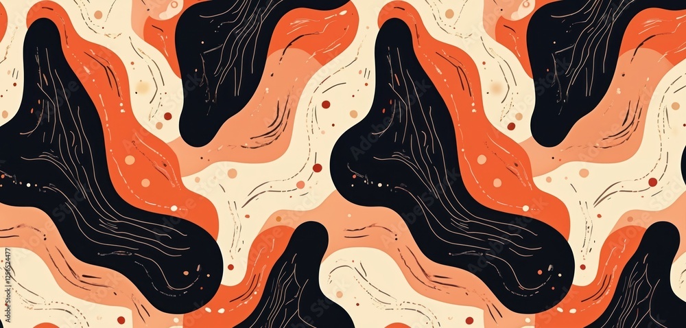 Poster seamless abstract pattern design with black, orange, red shapes on light beige background. repeating