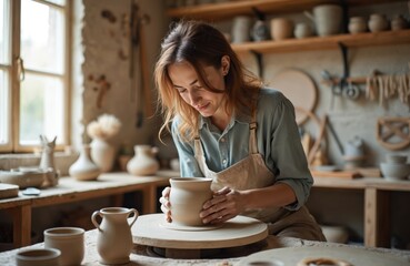 Woman shapes clay vase on pottery wheel. Ceramic artist works in workshop studio. Female artisan creates tableware from raw clay in cozy handmade pottery shop. Hobby, small business concept.