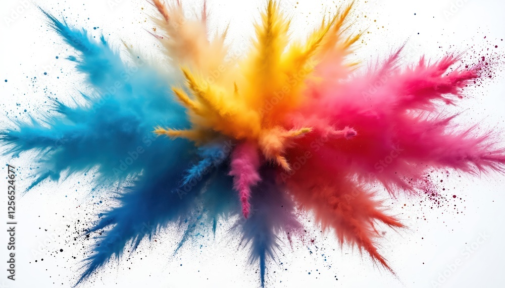 Poster brightly colored powder explodes. vibrant rainbow cloud of holi dust flies in air creating burst of 