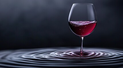   A red wine glass sits atop a transparent liquid in a black background