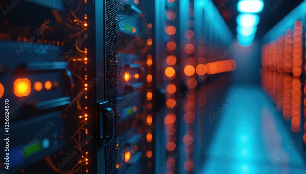 Aufkleber close-up server racks illuminated with orange, blue lights, highlights tech infrastructure in data c