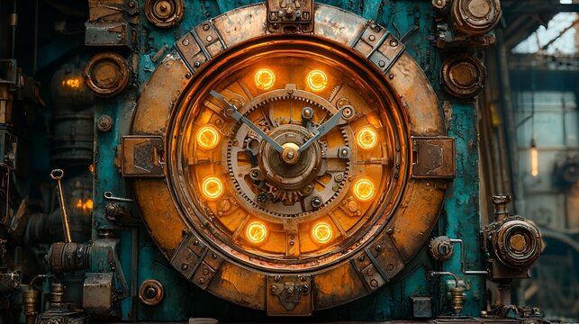 Industrial steampunk clock face, gears and lights. Possible use Stock photo for posters or backgrounds