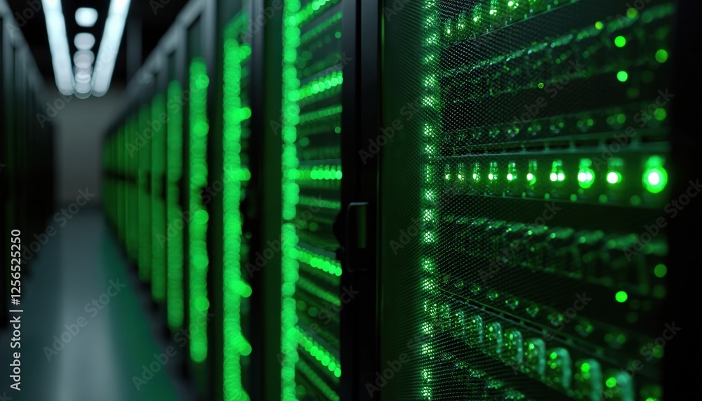 Poster Close-up of server cabinets glowing with green lights. Data center infrastructure, networking hardware. Digital information storage, web hosting tech. Cyberspace communication, internet security