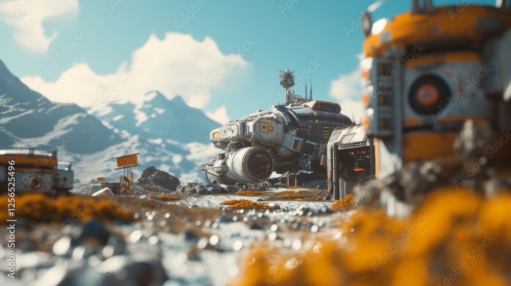 Poster a detailed sci-fi illustration of a futuristic space station on a rocky alien planet. a spaceship is