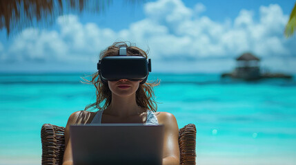 Remote collaboration on a beach with a digital nomad using VR technology to connect with team members in a vibrant virtual office setting