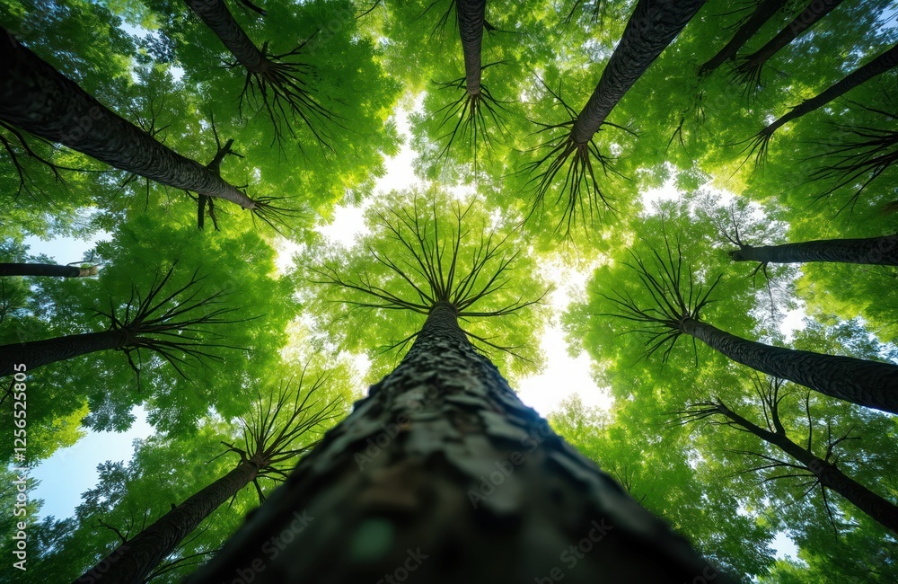 Poster Bottom view of tall trees with vibrant green leaves reaching sky. Tree trunks show textures in forest environment. Rich foliage and sunlight create serene, fresh scenic view. Forest gives oxygen.