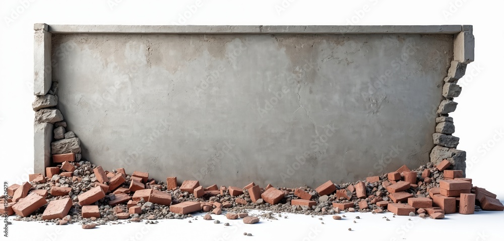 Poster Image of broken concrete wall with missing chunks on white background. Structure damaged with demolition debris, ruin, decay. Weathered fractured surface, vintage distressed crumbling material,