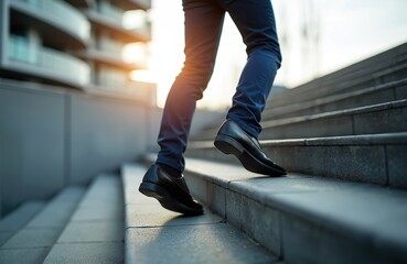 Elegant businessman walks up on staircase. Man in formal suit steps forward into success. Challenge target concept. Confident executive moves up the career ladder. Ambition growth.