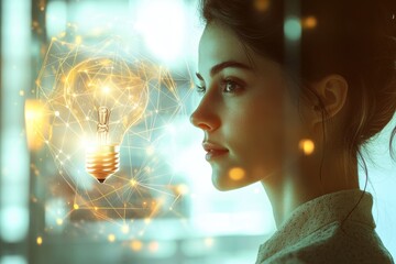 Naklejka premium Woman contemplating a glowing lightbulb symbolizing ideas, innovation, and connection.