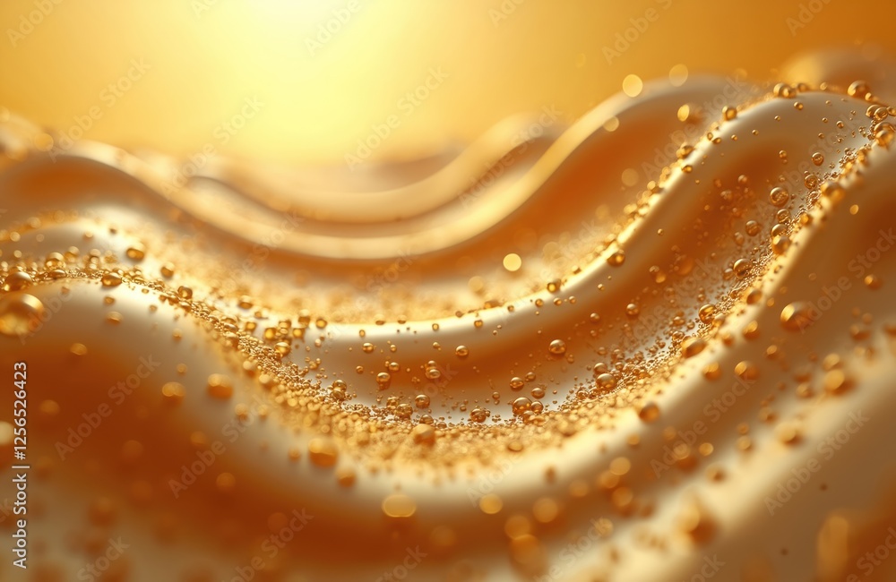 Poster Abstract golden liquid with flowing wave, small bubbles. Shiny surface with glossy shimmer, ripple effect, creating luxurious, elegant texture pattern. Great as background, cosmetic product