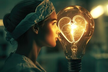 A surgeon gazes at a glowing lightbulb, its filament shaped like a heart and lungs, symbolizing medical innovation and the illumination of life.