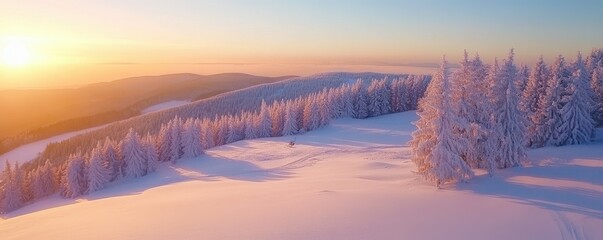 Snow-covered pine forest at sunrise in winter landscape