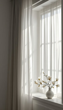 Fototapeta Minimalist window scene with white sheer curtains and vase of flowers on spring equinox day celebrating subtle elegance