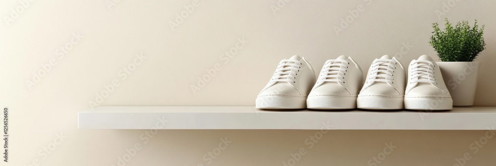 Poster stylish minimalist shelf displaying neatly arranged sneakers with perfect blank space ready for pers