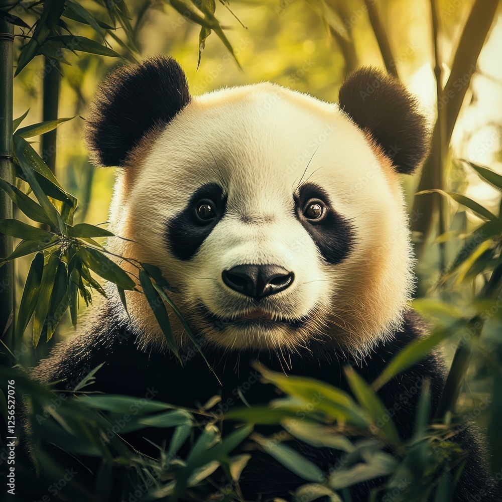 Leinwandbilder panda portrait in a lush bamboo forest with space for personal text or messages during golden hour. 