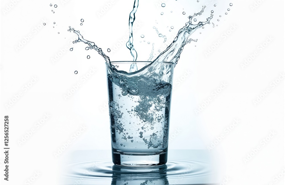 Poster Water pours into transparent glass creating splash with bubbles, isolated on white background. Refreshing drink with purity. Liquid motion in closeup. Source of cold pure mineral water on table.