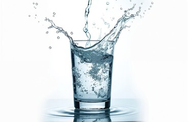 Water pours into transparent glass creating splash with bubbles, isolated on white background. Refreshing drink with purity. Liquid motion in closeup. Source of cold pure mineral water on table.