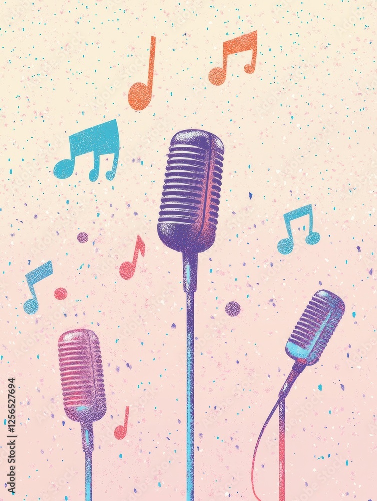 Aufkleber minimalist k pop inspired background featuring microphones and music notes in vibrant colors. genera