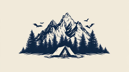 Mountain camping vector icon with tourist camp tent and campfire on nature landscape background with mountain range and pine tree forest. Outdoor adventure, travel, hiking expedition, trekking design