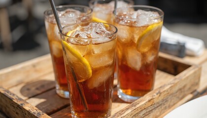 Glasses of iced tea with lemon slices and ice cubes on a wooden tray. Refreshing summer beverage concept.