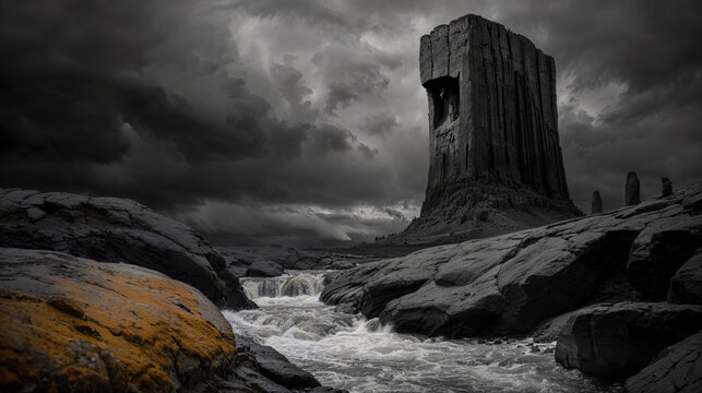 Dramatic Landscape with Towering Rock Formation and Stormy Sky