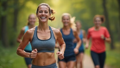 Group of women running outdoors. Joyful woman leads running group, showcasing fitness motivation, healthy lifestyle in natural setting. Female athletes smiles during cardio workout, jogging in forest.