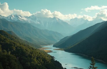 Obraz premium Majestic mountain range with snowy peaks under sky. Serpentine river winds through valley surrounded by green forest hills. Scenic landscape evokes tranquility, adventure, escape. Perfect background