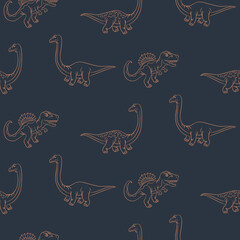 Dinosaur seamless pattern. Hand drawn vector dinosaurs for textile design. Dark blue background Tyrannosaurus Rex, Stegosaurus, Brachiosaurus, Triceratops outline animals for boys and teens clothing
