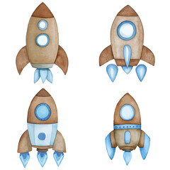 Bright blue rocket watercolor hand drawn set collection for kids