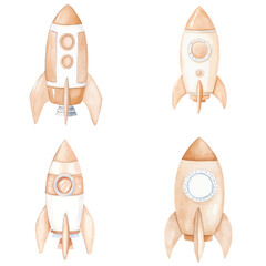 Bright blue rocket watercolor hand drawn set collection for kids