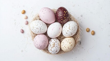 Obraz premium A colorful bird's nest adorns a white background, speckled with diverse eggs