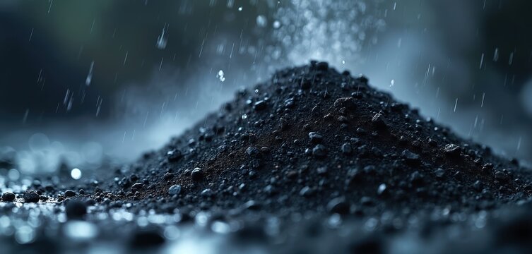 Pile of dark grey lithium mineral ore under rain. Raw material extraction, industry, clean energy, power, tech. Electric vehicle battery component production. Graphite cathode concept. Sustainable