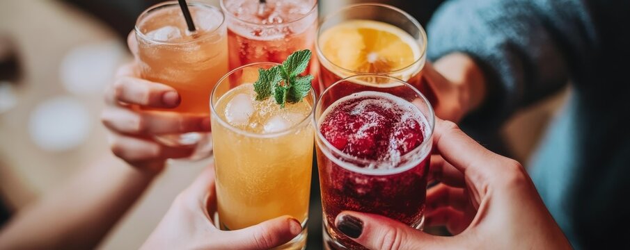 Vibrant assortment of colorful refreshing drinks in clinking glasses