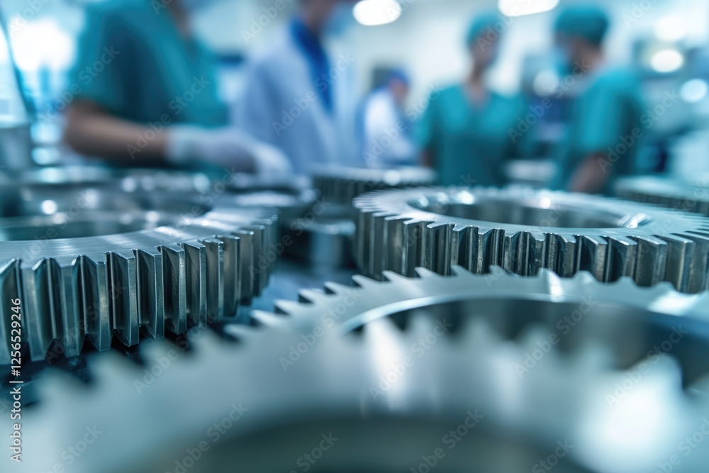 Poster close-up of metallic gears in a factory setting, with blurred figures of workers in the background.