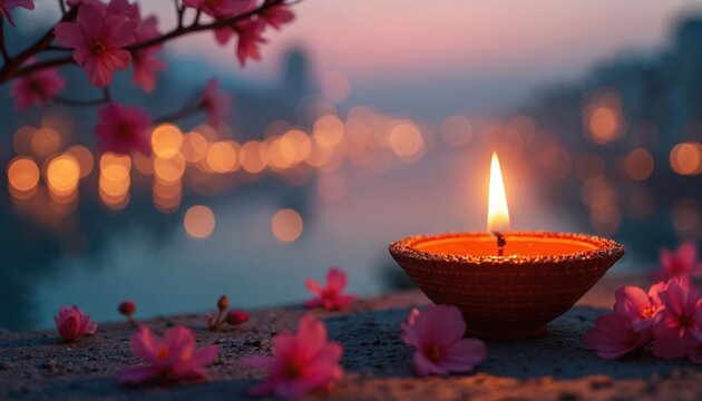 Close-up shot of Diwali diya with cityscape and glowing diyas at distance. Pink flowers, tree branch at the side. Evening, bokeh, bright lighting create cinematic effect.