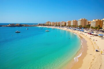 Fototapeta premium Azure waters lap the Torrevieja beach; colorful boats bob gently in the marina , summer, waves