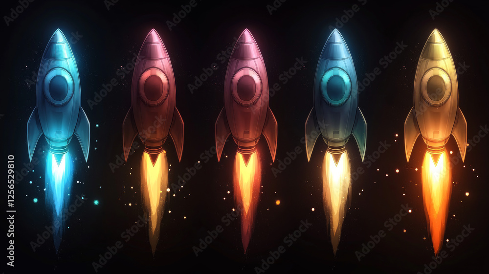 Poster spaceship icon with space rocket start launch for business and technology, vector emblem. spaceship 