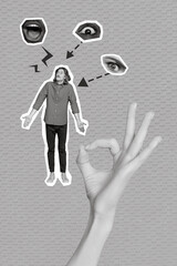 Vertical collage photo of young funny man bully from people indifferent problems misunderstanding okey sign isolated on beige color background