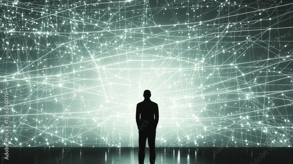 Poster a silhouette of a man facing an intricate network of glowing interconnected lines, symbolizing globa