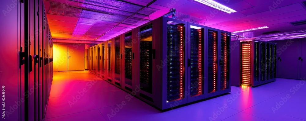 Poster modern data center with vibrant led lighting and server racks