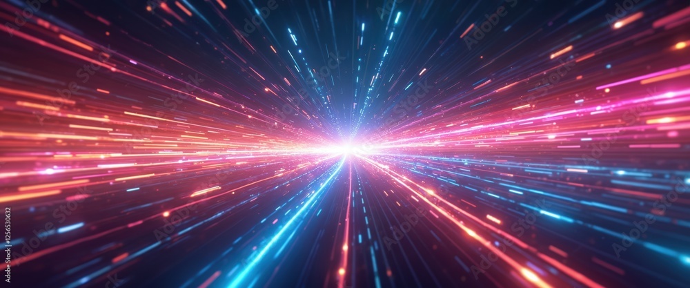 Poster Vibrant abstract dynamic background with glowing lights, colors. Representing future tech speed, motion in digital cyber universe with creative lightnings, blurs, gradient. Backdrop for modern design.