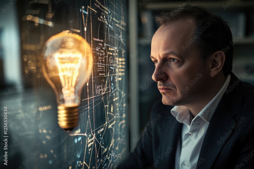 Poster a thoughtful man contemplates a bright idea illuminated by a light bulb against a backdrop of comple