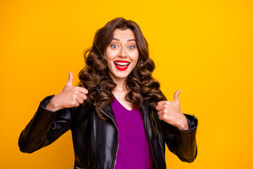 Close up photo of pretty lady raising thumbs up advising buy new product wear leather jacket...