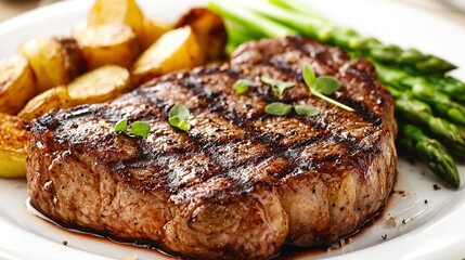   A plate with steak, asparagus, potatoes, and broccoli in focus