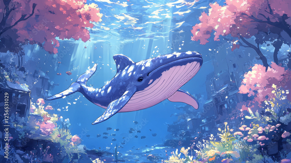 Poster big whale in sea water in retro style. vector version also available in gallery