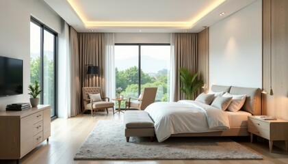 Modern bedroom, low profile furniture, calming neutral palette , muted tones, sleek lines